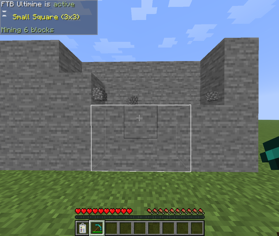FTB Ultimine active with the Small Square shape, the blocks outlined on a stone wall